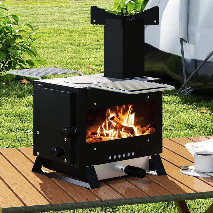 Forno da giardino per cucinare da fornello da campeggio con supporto per pentole, Forno a legna con finestra panoramica Nero-Bracieri da esterno