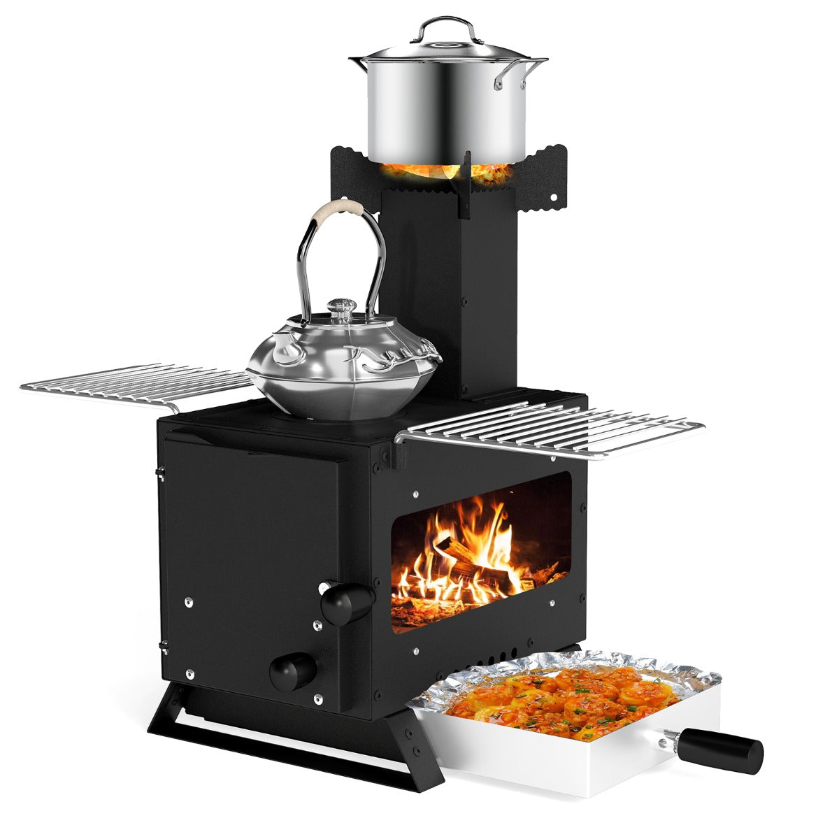 Forno da giardino per cucinare da fornello da campeggio con supporto per pentole, Forno a legna con finestra panoramica Nero-Bracieri da esterno