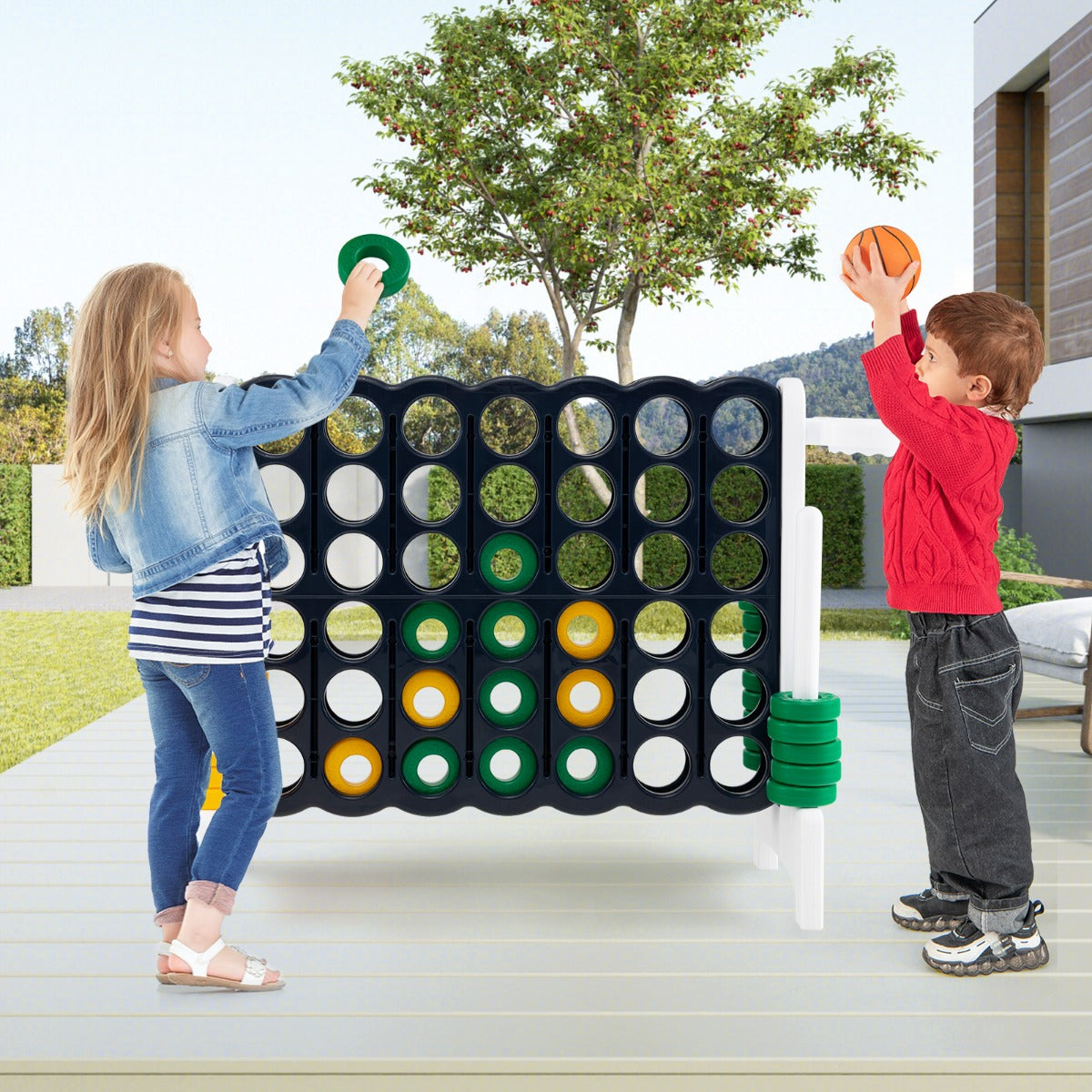 Forza 4 gigante con canestro e gioco di lancio, Gioco da esterno per bambini e adulti 84x33x79 cm Bianco-Giochi esterni