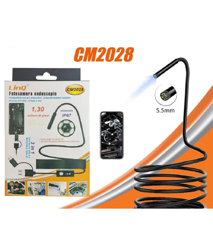 Fotocamera Endoscopio Usb Microusb Type-c 1.30 Milioni Di Pixel Con 6 Led Cm2028         