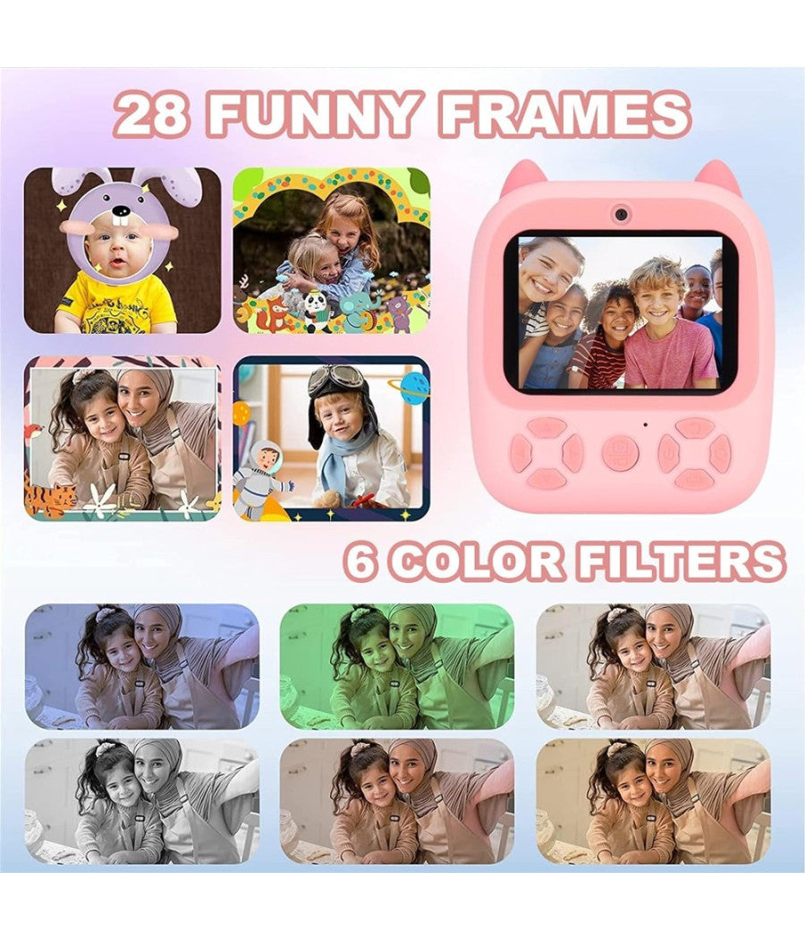 Fotocamera Istantanea Bambini Digitale Hd 1080p 4 Rotoli Scheda Sd Doppia Lente         