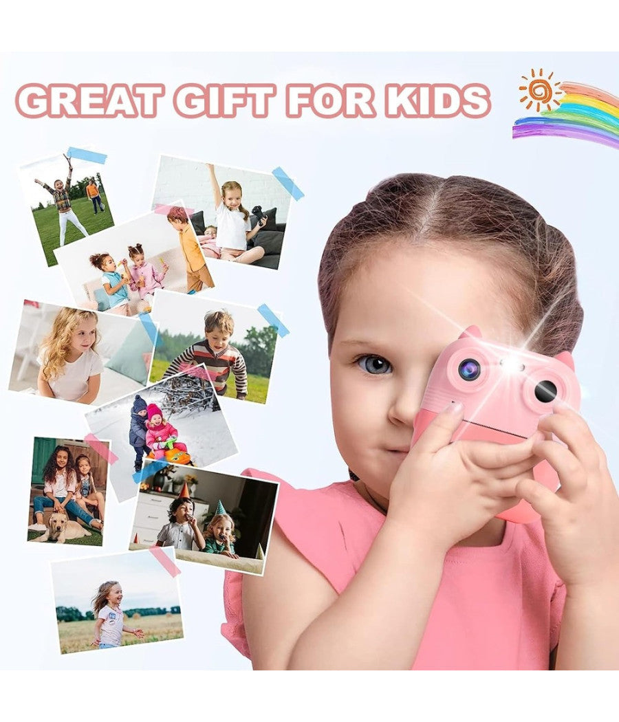 Fotocamera Istantanea Bambini Digitale Hd 1080p 4 Rotoli Scheda Sd Doppia Lente         