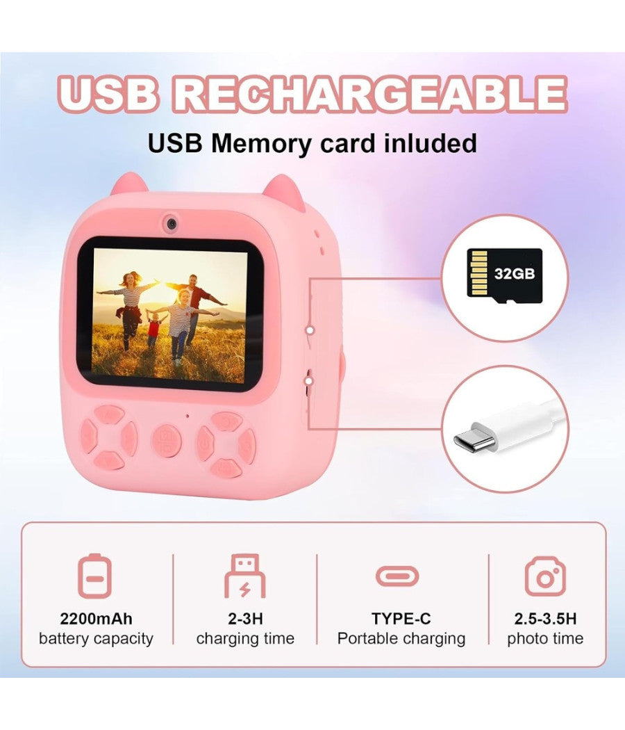 Fotocamera Istantanea Bambini Digitale Hd 1080p 4 Rotoli Scheda Sd Doppia Lente         