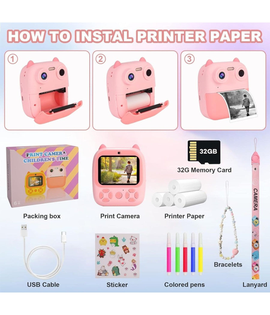 Fotocamera Istantanea Bambini Digitale Hd 1080p 4 Rotoli Scheda Sd Doppia Lente         