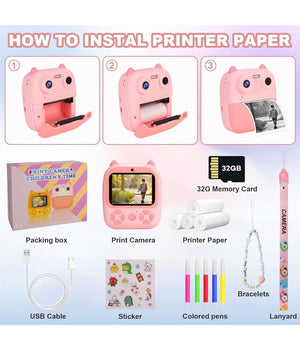 Fotocamera Istantanea Bambini Digitale Hd 1080p 4 Rotoli Scheda Sd Doppia Lente         