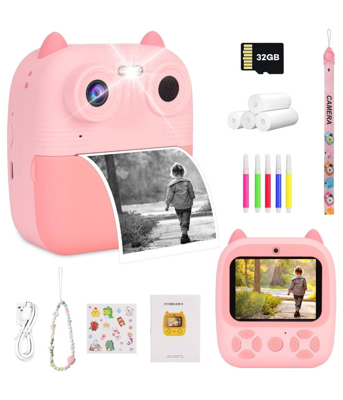 Fotocamera Istantanea Bambini Digitale Hd 1080p 4 Rotoli Scheda Sd Doppia Lente         