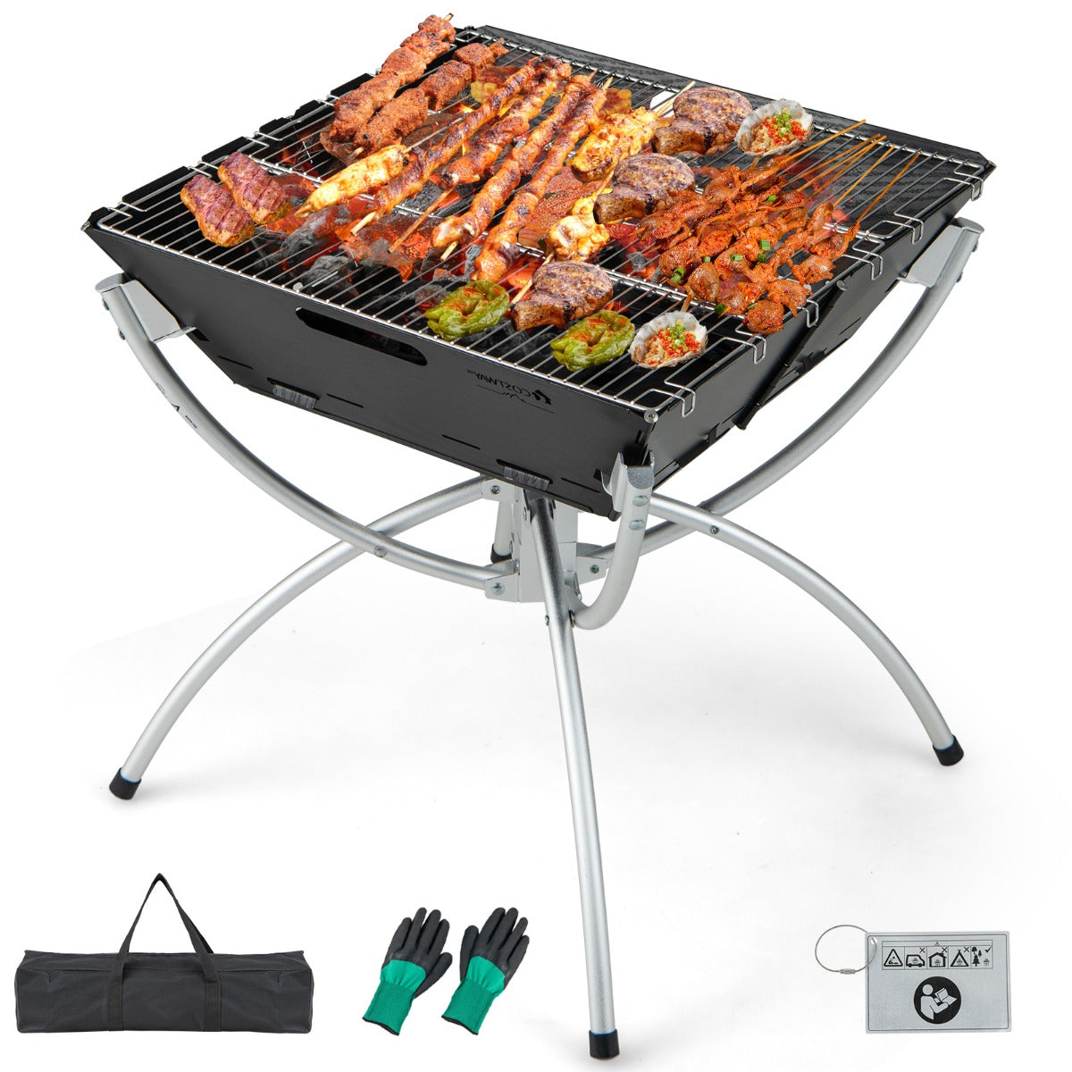 Braciere a carbone pieghevole da esterno Braciere portatile 3 in 1 Griglie in acciaio inossidabile con borsa per il trasporto e guanti per giardino Nero 20_0007933