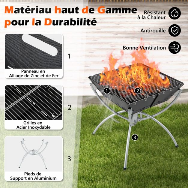 Braciere a carbone pieghevole da esterno Braciere portatile 3 in 1 Griglie in acciaio inossidabile con borsa per il trasporto e guanti per giardino Nero 20_0007933