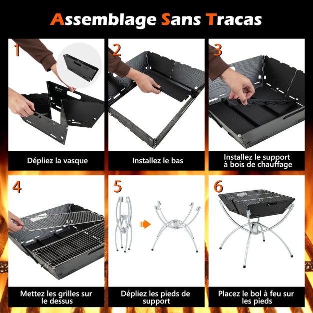 Braciere a carbone pieghevole da esterno Braciere portatile 3 in 1 Griglie in acciaio inossidabile con borsa per il trasporto e guanti per giardino Nero 20_0007933