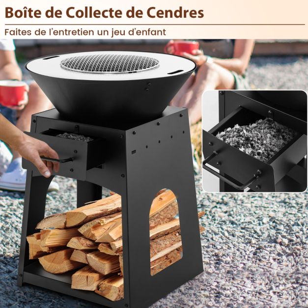 Braciere camino da terrazza con contenitore braciere a legna con griglia e cassetto cenere ampio ripiano inferiore attizzatoio nero 20_0007935