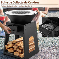 Braciere camino da terrazza con contenitore braciere a legna con griglia e cassetto cenere ampio ripiano inferiore attizzatoio nero 20_0007935
