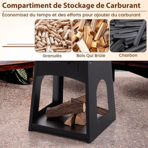 Braciere camino da terrazza con contenitore braciere a legna con griglia e cassetto cenere ampio ripiano inferiore attizzatoio nero 20_0007935