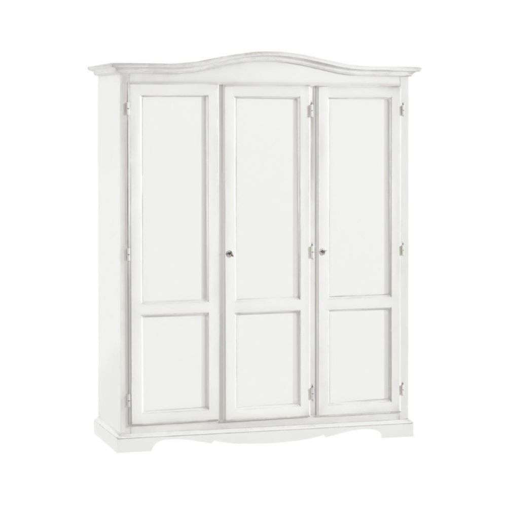 Armadio appendiabiti con bastone 3 ante e 3 ripiani arte povera in legno massello e mdf con rifinitura in bianco 158x56x197 H