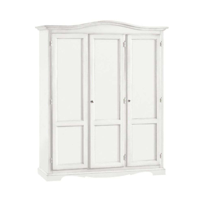 Armadio appendiabiti con bastone 3 ante e 3 ripiani arte povera in legno massello e mdf con rifinitura in bianco 158x56x197 H