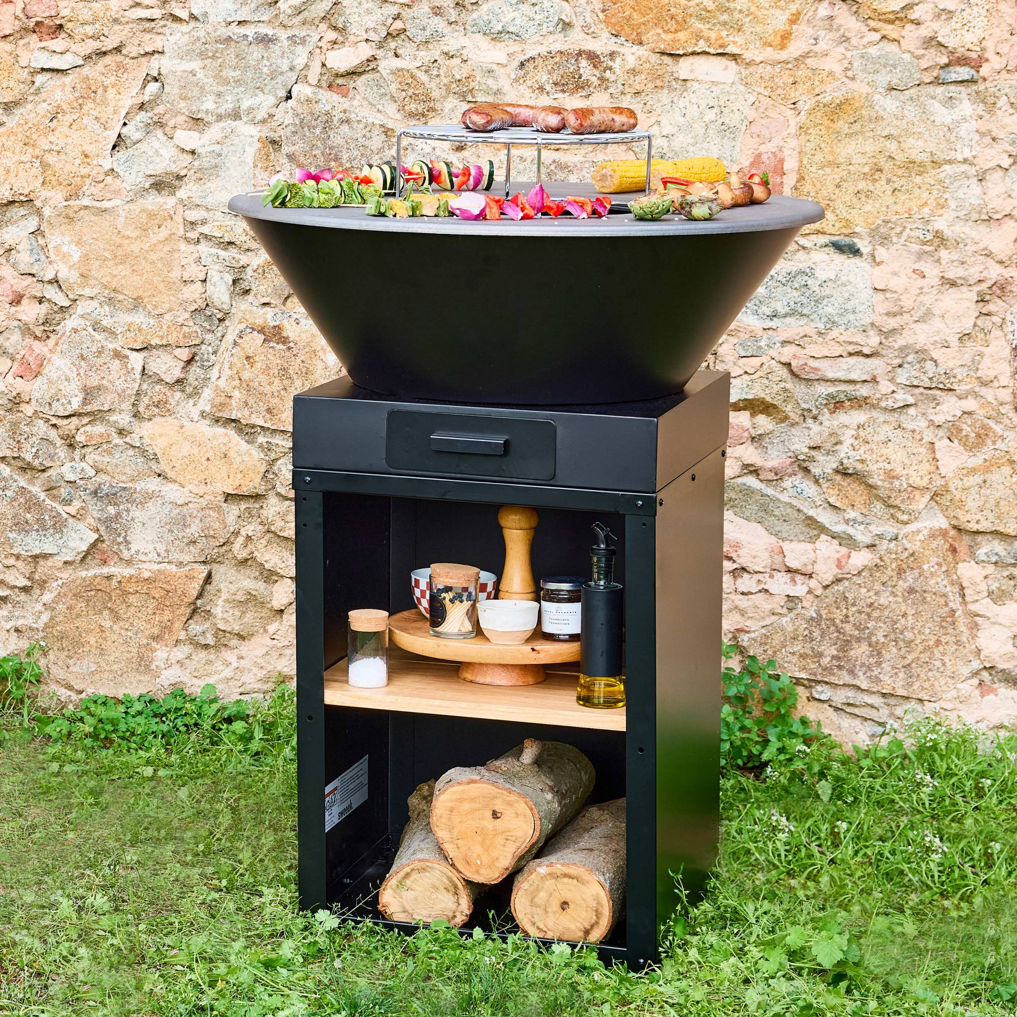 Braciere barbecue ø81,5cm con griglia di cottura, spazio di stoccaggio