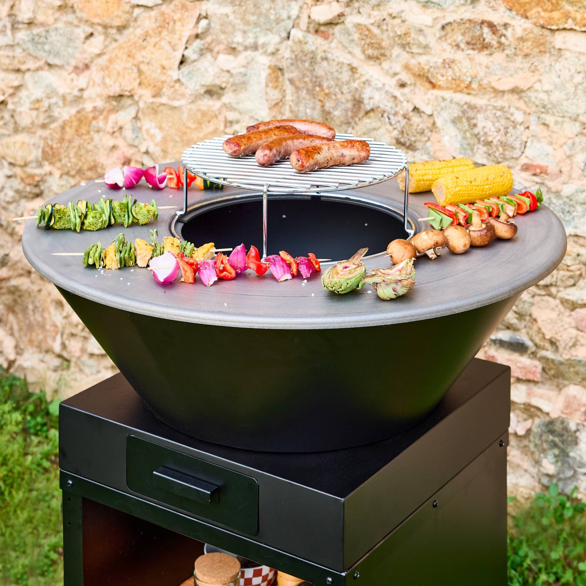 Braciere barbecue ø81,5cm con griglia di cottura, spazio di stoccaggio