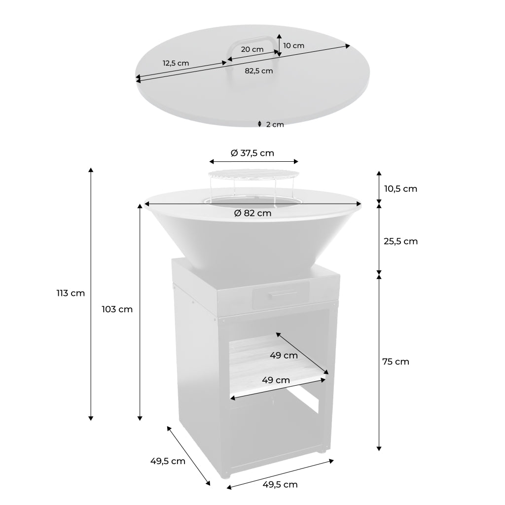 Braciere barbecue ø81,5cm con griglia di cottura, spazio di stoccaggio