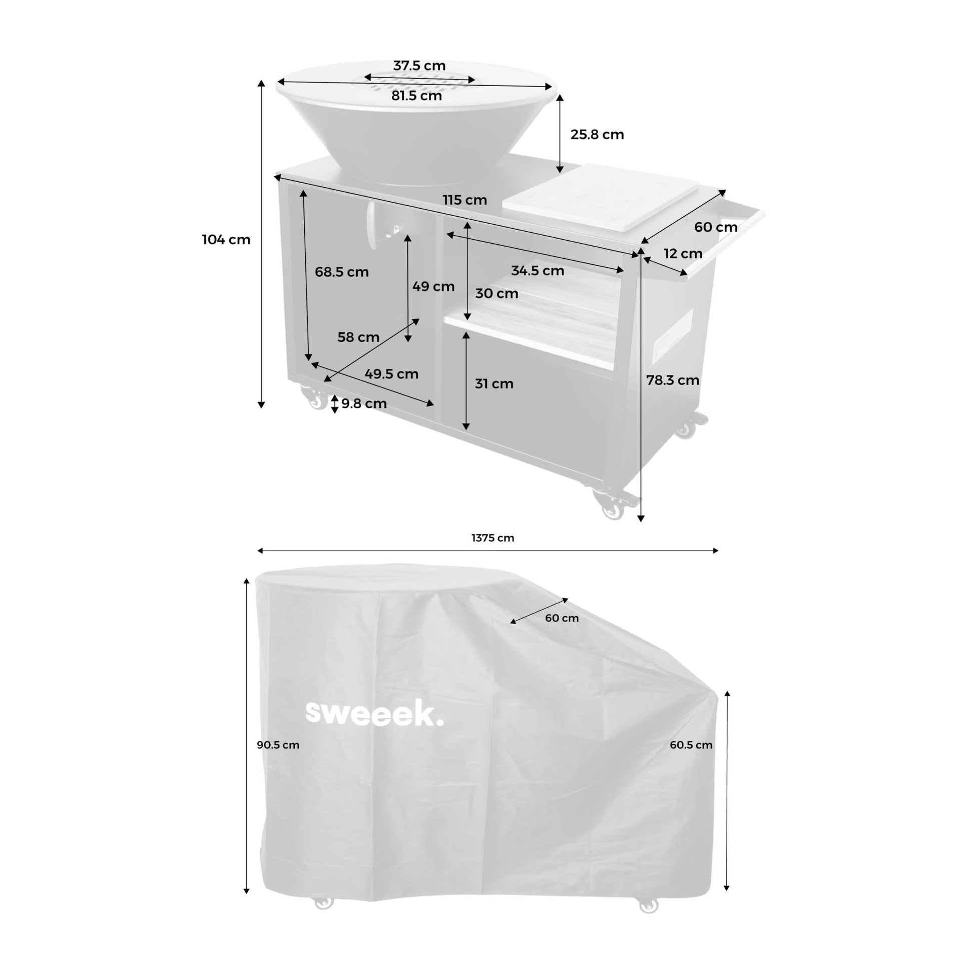 Bruciatore barbecue con piano di lavoro e copertura di protezione,