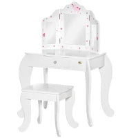 Toeletta per Bambini con Sgabello, Tavolo Trucco con Triplo Specchio e Cassetto, 63x40x85.5cm, Bianco