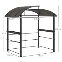 Gazebo per Barbecue con Tetto e 2 Ripiani Portaoggetti, in Metallo e PC, 240x150x230cm, Grigio Scuro