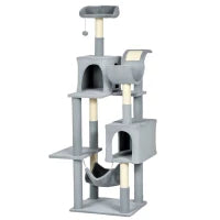 Albero per Gatti con Amaca, Lettino e 2 Casette, in Truciolato e Peluche, 55x49x177 cm, Grigio e Bianco