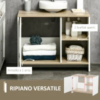 kleankin Mobile Bagno Sottolavabo con Armadietto e 2 Mensole in Legno, 77x45x60 cm, Bianco e Legno