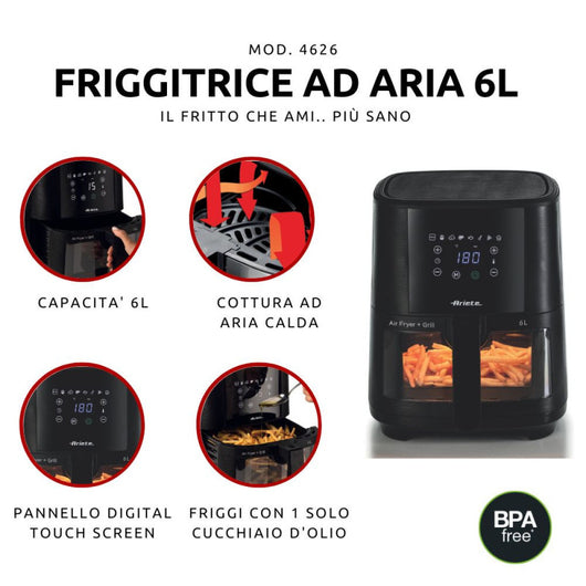 Friggitrice ad aria 1300W, 6L, 2,5kg, 8 programmi preimpostati, cestello trasparente - Nero