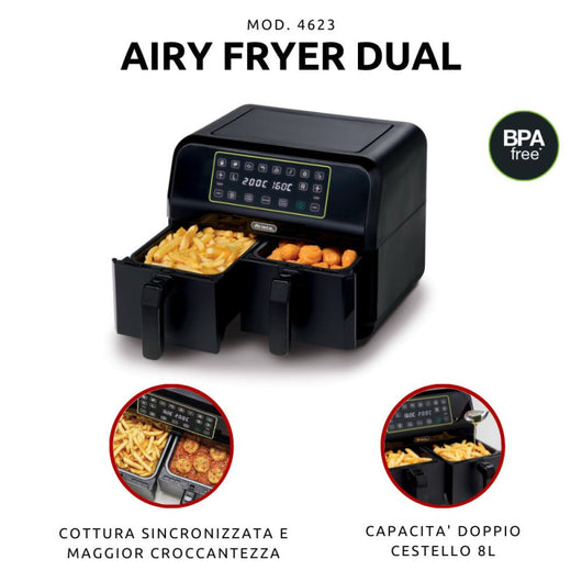 Friggitrice ad aria 1700W con doppio cestello, 8L - 3 funzioni di cottura, pannello digitale LED - Nero