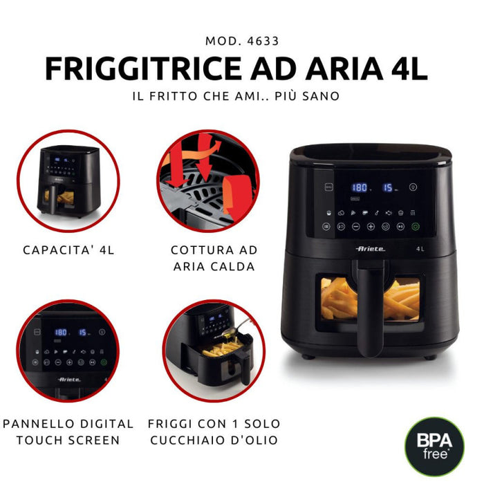Friggitrice ad aria 4L 1400W - 9 programmi - Funzione Shake e Grill - Nero
