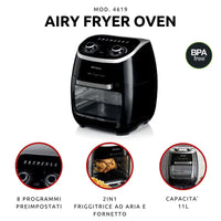Friggitrice ad Aria e Forno con Girarrosto - 2000 Watt - 11 Litri - Nero