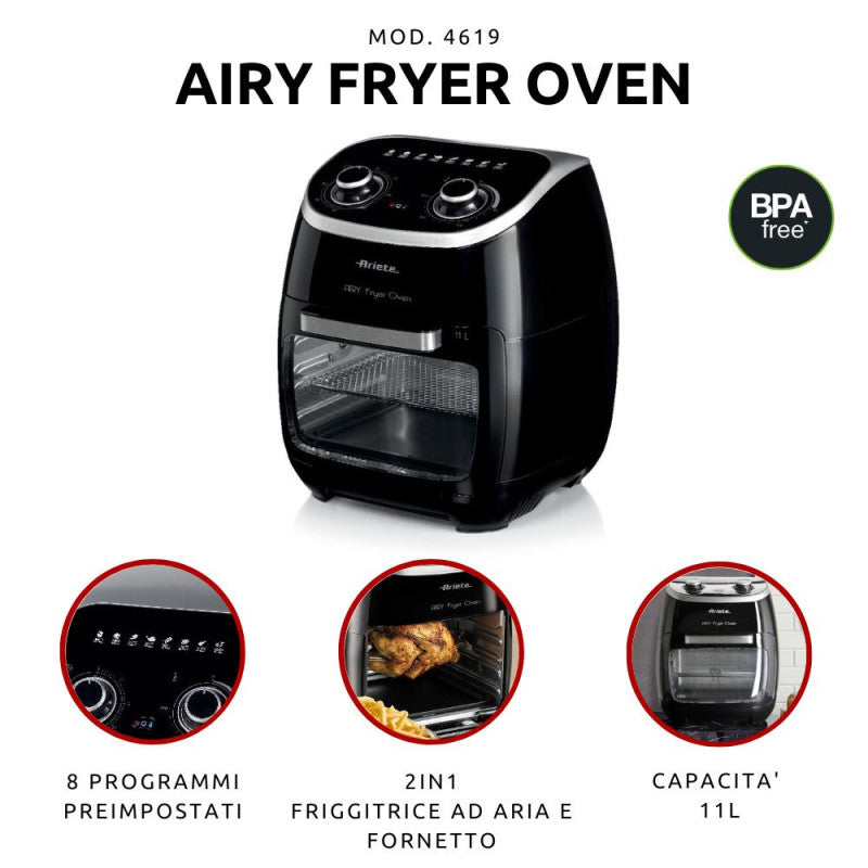 Friggitrice ad Aria e Forno con Girarrosto - 2000 Watt - 11 Litri - Nero