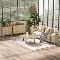 Mobile Multiuso Stile Boho con Armadietto e 3 Cassetti in Legno e Rattan, 80x36x75cm, Rovere