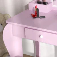 Set Toeletta per Bambina con Specchio Trucco e Sgabello Abbinato in Legno, Cassetto e Contenitori, Rosa
