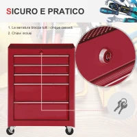 Carrello Porta Utensili Attrezzi Attrezzatura con Cassettiera Rosso 61.5 x 33 x 82.5cm