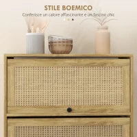 Mobile Cucina in stile Boho con 4 Ante a Ribalta, in Truciolato e Rattan, 70x32x132.8 cm