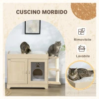 Mobile per Lettiera Casetta per Gatti con Spazio Portaoggetti e Pali Tiragraffi, in Legno, 107x54x70 cm
