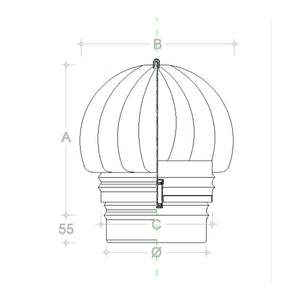 Fumaiolo da 100mm tipo radiante eolico inox aisi 304 base tonda innesto m maschio