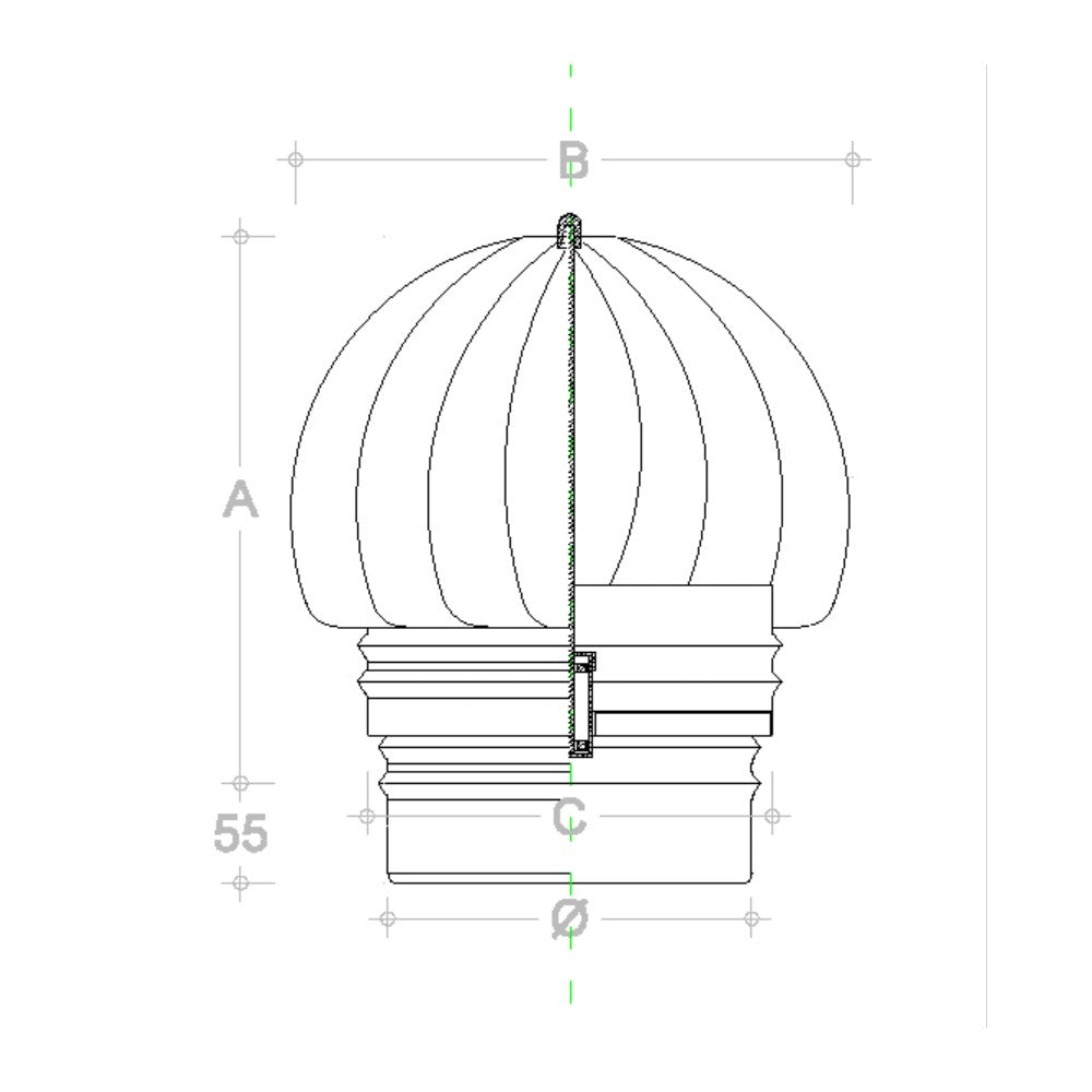 Fumaiolo da 140mm tipo radiante eolico inox aisi 304 base tonda innesto m maschio