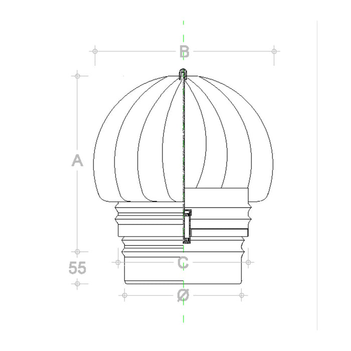 Fumaiolo da 150mm tipo radiante eolico inox aisi 304 base tonda innesto m maschio