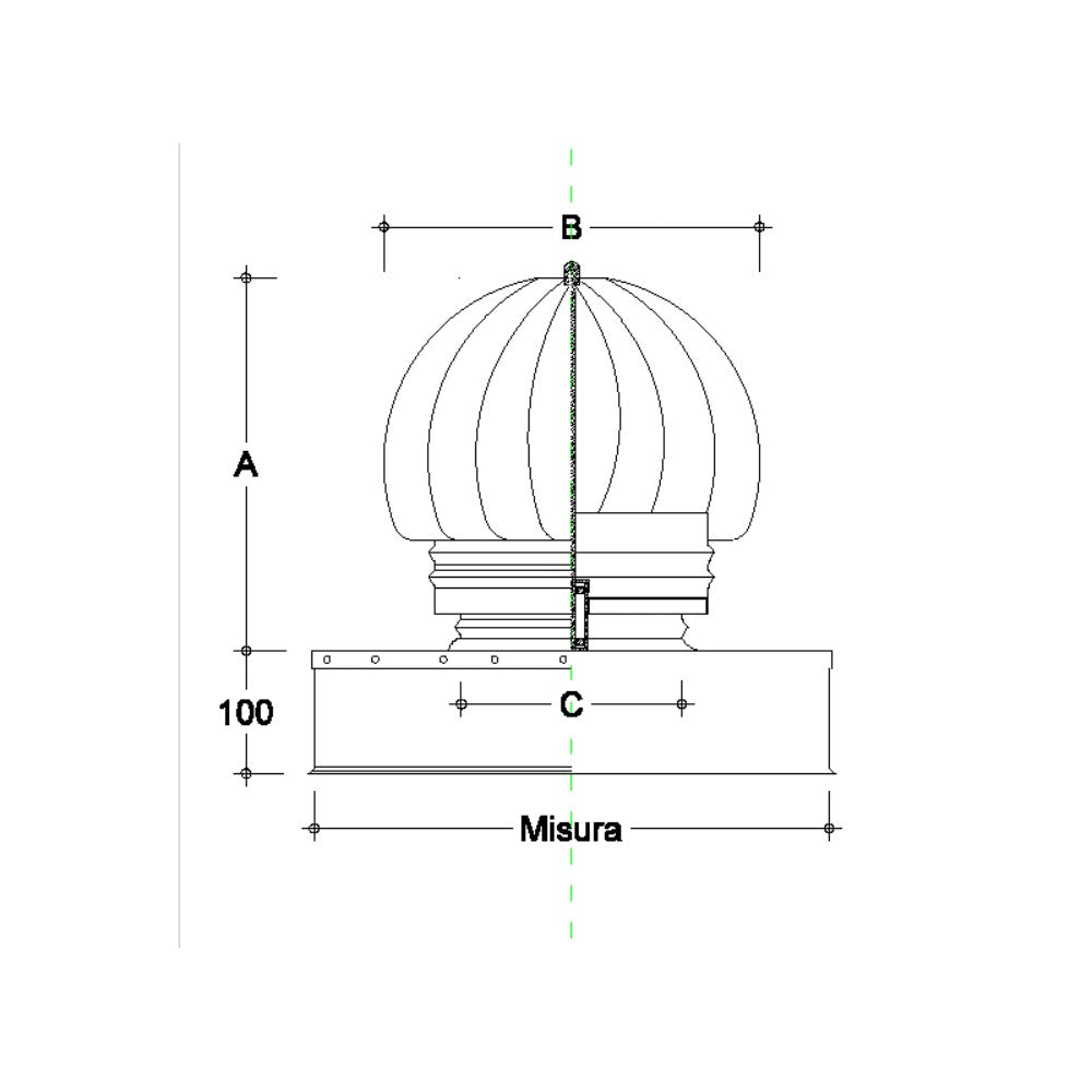 Fumaiolo da 22x32cm base rettangolare tipo radiante eolico inox aisi 304
