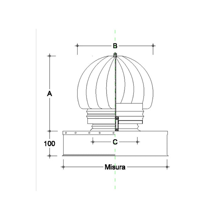Fumaiolo da 22x32cm base rettangolare tipo radiante eolico inox aisi 304