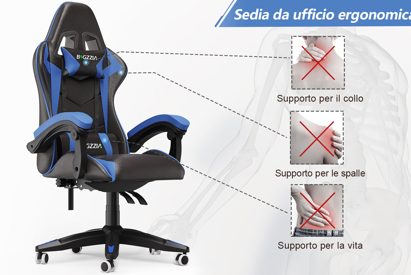 Sedia gaming ergonomica - RATTANTREE - con Supporto Lombare Sedia da Gioco in Pelle Pu con Altezza Regolabile - Bleu