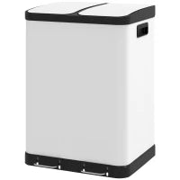 Bidone da Cucina 2 x 30L con Pedale in Acciaio Inossidabile, 2 Scomparti, Coperchio a Chiusura Morbida, 60L, Bianco