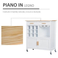 Mobiletto da Cucina con Ruote, Portabottiglie e Porta Bicchieri in Bambù, 76 x 40 x 88cm