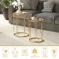 Set 2 Pezzi Tavolini da Caffè Design Elegante con Motivi a Cerchio, Metallo e Vetro Temperato Φ41x57cm & Φ36x51cm, Oro