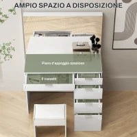 Set Tavolo da Trucco con Specchio e 5 Cassetti 97.2x44.5x136.5 cm e Sgabello Imbottito 40x24x46 cm, Bianco