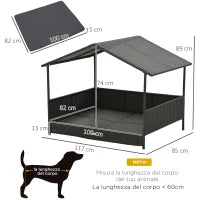 Casetta per Cani Rialzata con Cuscino Sfoderabile, in Rattan PE e Acciaio, 117x85x89 cm, Grigio e Marrone
