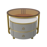 Tavolino 2-in-1 in MDF con Piano Lucido e Piano in Vetro Temperato Marrone, Combinazione Tavolino Soggiorno con 2 Cassetti, 70x70x45 + 50x50x40 cm, Grigio