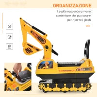Escavatore Ruspa Giocattolo Cavalcabile per Bambini max. 30 kg con Schienale, Braccio Mobile e Vano Contenitore, 78x24x58.5cm