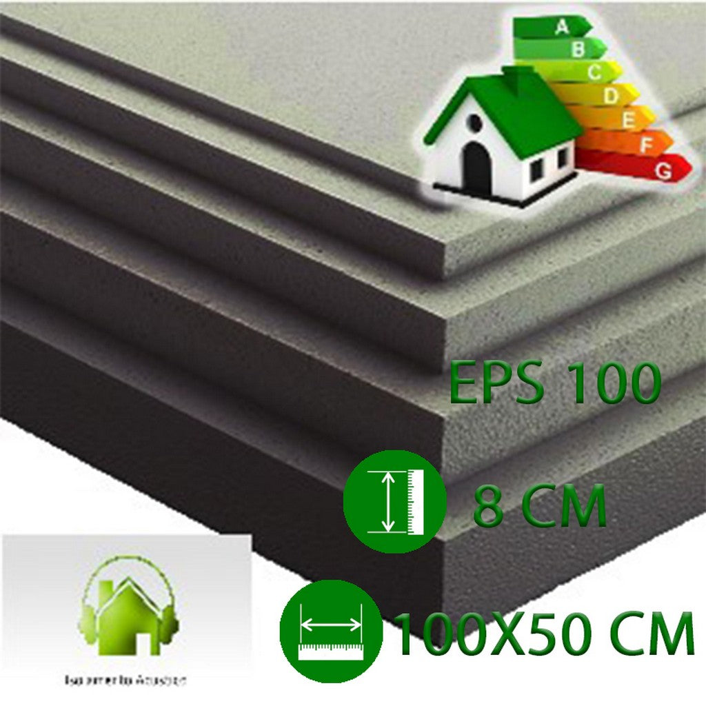 pannello in polistirolo per isolamento termico, acustico, cappotto cm 100 x 50 x 8 di spessore. eps 100 grafite mq 0,5 densità  20 kg/mc cod:ferx.zg.6.s